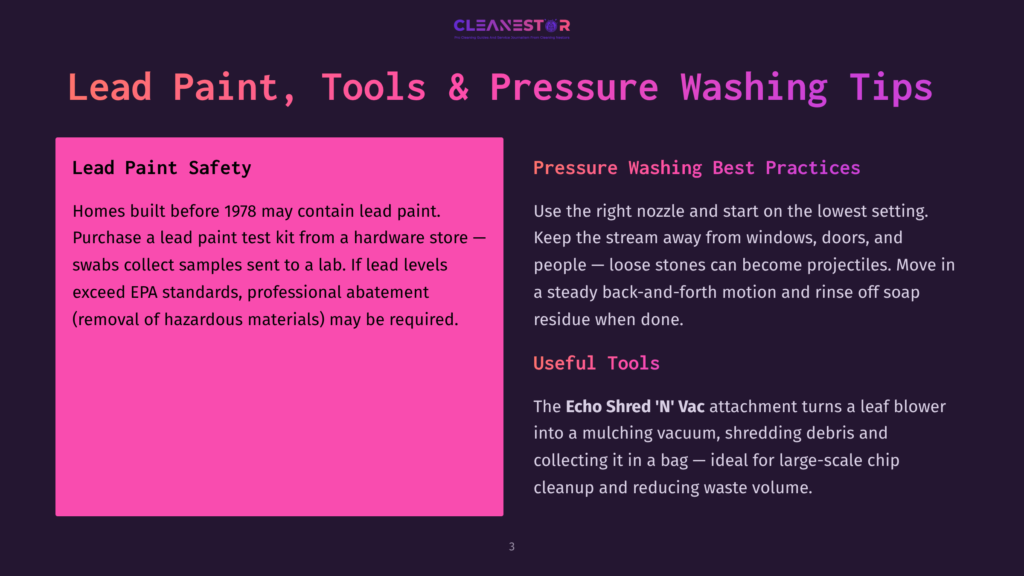 Presentation Slide Titled &Quot;Lead Paint, Tools &Amp; Pressure Washing Tips&Quot; With Sections On &Quot;Lead Paint Safety&Quot; And &Quot;Pressure Washing Best Practices.