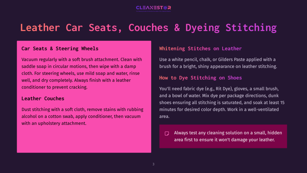 3 Leather Car Seats Couches And Dyeing Stitching Purple And Pink Text On A Dark Background Explains How To Clean And Dye Leather Car Seats, Couches, And Stitching, With Sections On &Quot;Car Seats &Amp; Steering Wheels&Quot; And &Quot;Leather Couches.