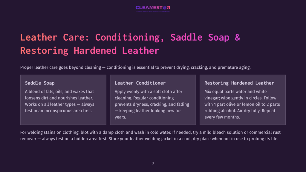 A Graphic With The Title &Quot;Cleanestor&Quot; And &Quot;Leather Care: Conditioning, Saddle Soap &Amp; Restoring Hardened Leather.&Quot; The Graphic Is Divided Into Three Sections: &Quot;Saddle Soap,&Quot; &Quot;Leather Conditioner,&Quot; And &Quot;Restoring Hardened Leather,&Quot; Each With A Brief Description.