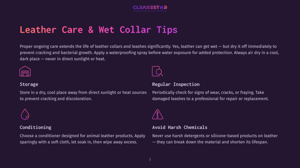 Cleanestor Logo With Text &Quot;Leather Care &Amp; Wet Collar Tips&Quot;, Outlining Storage, Regular Inspection, Conditioning, And Avoiding Harsh Chemicals For Leather Collars And Leashes.