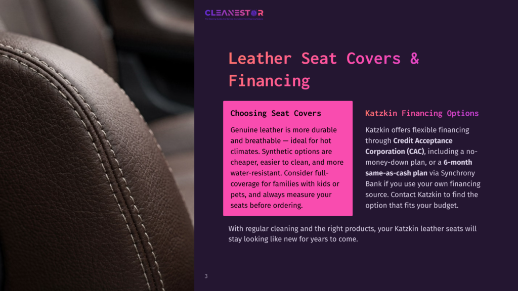 3 Leather Seat Covers And Financing Close-Up Of Rich Brown Leather Car Seat With Detailed Stitching, Highlighting The Texture And Quality Of The Material. Text Overlay Reads &Quot;Cleanestor&Quot; And &Quot;Leather Seat Covers &Amp; Financing&Quot;.
