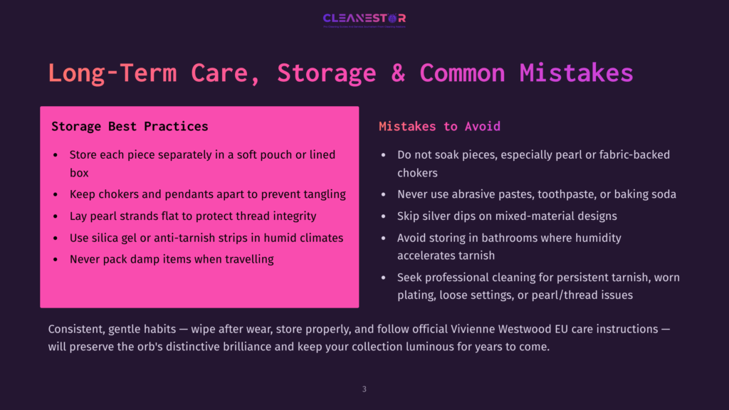Cleanestor Graphic: &Quot;Long-Term Care, Storage &Amp; Common Mistakes&Quot; With &Quot;Storage Best Practices&Quot; And &Quot;Mistakes To Avoid&Quot; Bulleted Lists. Purple Background.