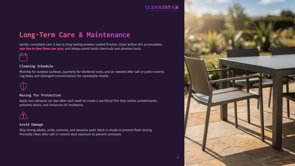 A Modern Outdoor Dining Set With A Dark Metal Table And Chairs On A Stone Patio, With Lush Greenery And A Fence In The Background. Text Overlay Discusses Long-Term Care And Maintenance For Outdoor Furniture.