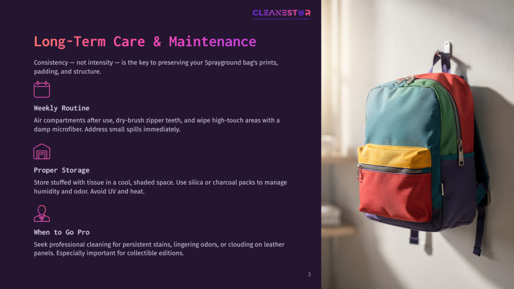A Colorful Backpack With Red, Yellow, Blue, And Green Panels Hangs On A White Wall. Text Overlays The Left Side Of The Image With Tips On Long-Term Care And Maintenance For A Sprayground.
