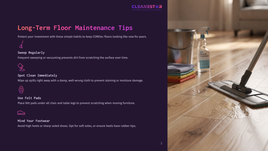3 Long Term Floor Maintenance Tips A Mop With A Gray Head Cleans A Light Brown Wood Floor With Water Droplets. A Cleaning Bucket, Spray Bottle, And Folded Towels Sit Nearby On The Floor.