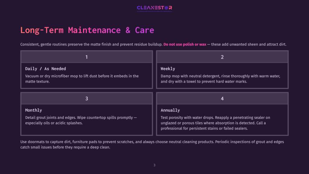 Cleanestor Logo Above A Four-Panel Graphic Detailing Long-Term Maintenance And Care For Countertops, Including Daily, Weekly, Monthly, And Annually Recommended Cleaning Tasks.
