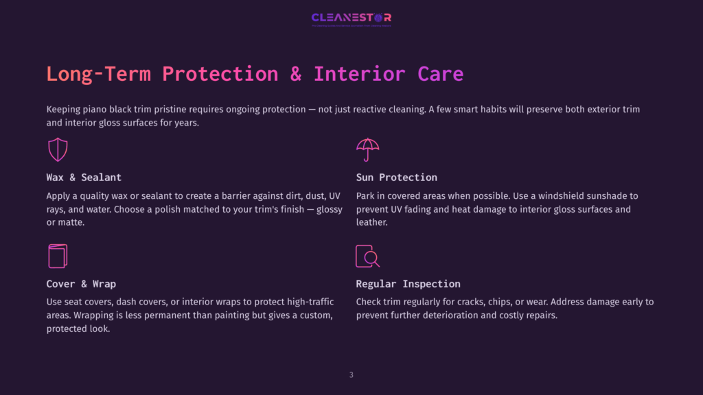 Cleanestor Logo And Text &Quot;Long-Term Protection &Amp; Interior Care&Quot; With Icons For Wax &Amp; Sealant, Sun Protection, And Cover &Amp; Wrap, Detailing Car Care Tips.