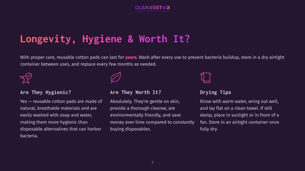 Cleanestor Logo At The Top. Three Icons: A Heart With A Checkmark, A Leaf, And A Towel. Text Reads: &Quot;Longevity, Hygiene &Amp; Worth It?&Quot;, &Quot;Are They Hygienic?&Quot;, &Quot;Are They Worth It?&Quot;, And &Quot;Drying Tips&Quot;.