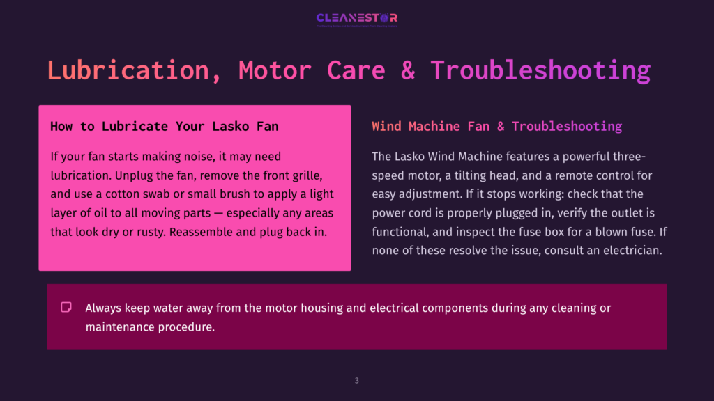 3 Lubrication Motor Care And Troubleshooting Cleanestor Lasko Fan Lubrication, Motor Care, And Troubleshooting Guide. Pink Box Details How To Lubricate A Lasko Fan, While A Purple Box Discusses Troubleshooting A Lasko Wind Machine Fan.