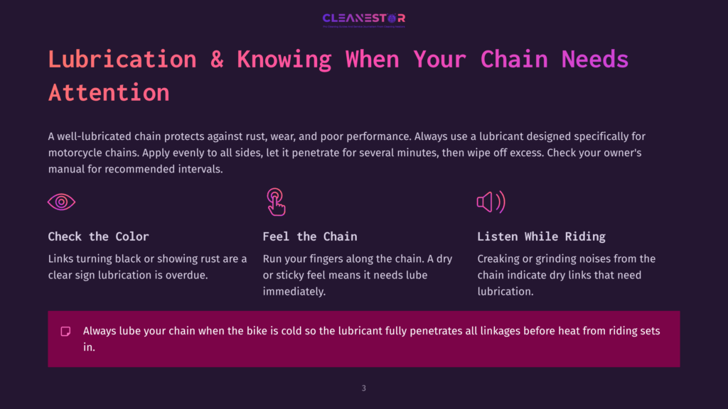 Illustration With Three Icons: An Eye, A Hand Touching A Chain, And An Ear With Sound Waves. Text Reads &Quot;Lubrication &Amp; Knowing When Your Chain Needs Attention,&Quot; &Quot;Check The Color,&Quot; &Quot;Feel The Chain,&Quot; And &Quot;Listen While Riding,&Quot; Plus A Tip About Lubricating A Cold Chain.