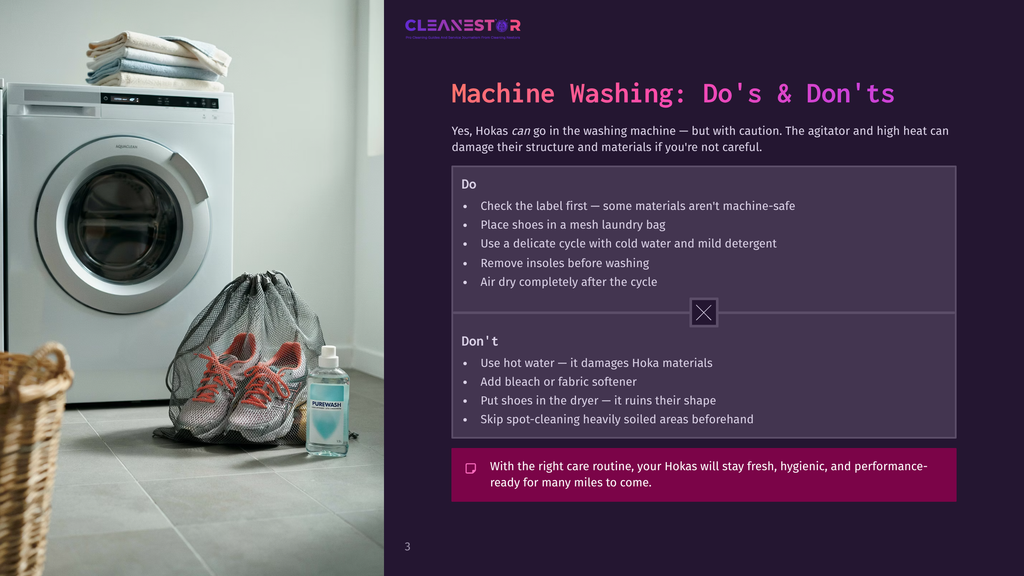 Washing Machine With Hokas Shoes And Cleaning Supplies, With Text About Machine Washing Hokas.