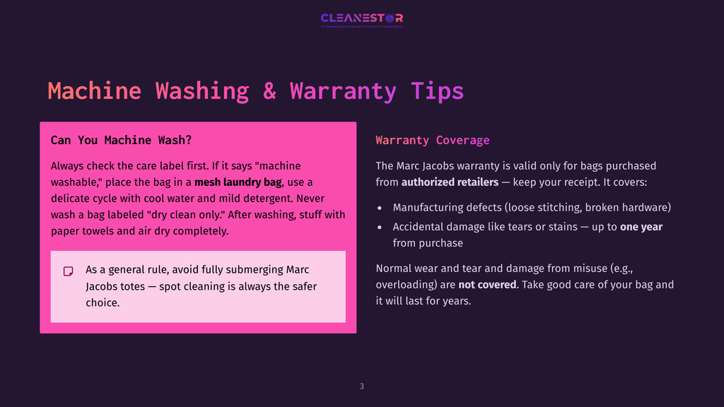 A Presentation Slide Titled &Quot;Machine Washing &Amp; Warranty Tips&Quot; In Purple Text On A Dark Background. Left Side Details &Quot;Can You Machine Wash?&Quot; With Care Instructions For Marc Jacobs Bags. Right Side Covers &Quot;Warranty Coverage,&Quot; Specifying Limitations For Marc Jacobs Bag Purchases.