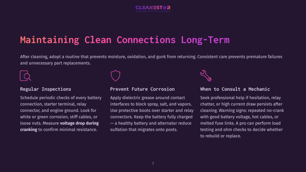Graphic With Text &Quot;Maintaining Clean Connections Long-Term&Quot; And Icons For Regular Inspections, Prevent Future Corrosion, And When To Consult A Mechanic, With Advice On Battery Connections And Engine Maintenance.
