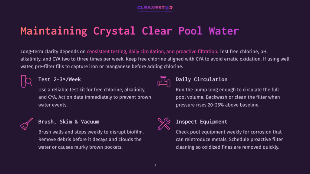 Cleanestor Logo And Text: &Quot;Maintaining Crystal Clear Pool Water&Quot; With Tips On Testing, Circulation, Cleaning, And Inspection.