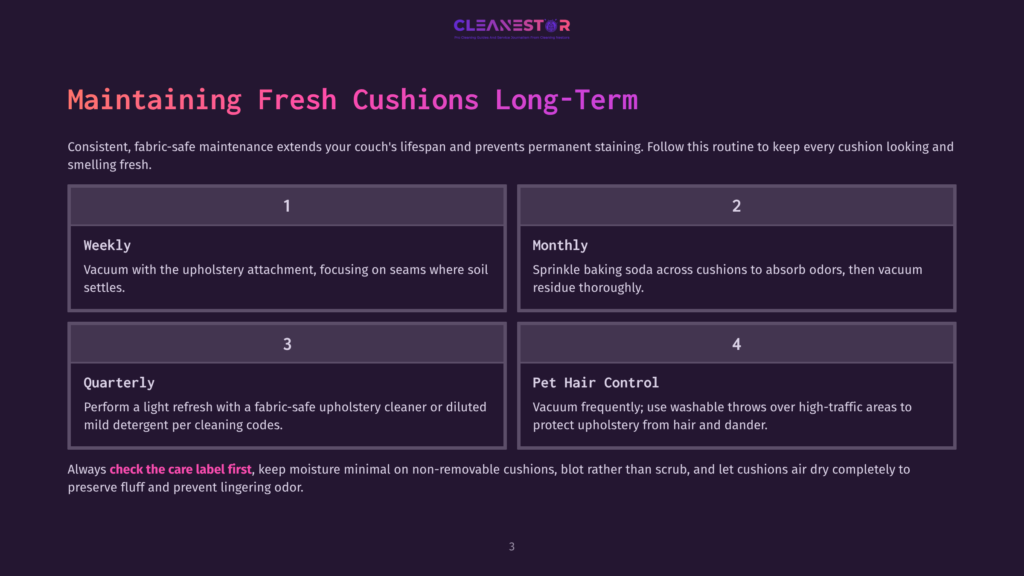 Infographic Outlining A Four-Step Cushion Maintenance Routine: Weekly Vacuuming, Monthly Baking Soda Application, Quarterly Light Refreshing, And Pet Hair Control. The Infographic Features Large Numbers And Brief Text Descriptions For Each Step.