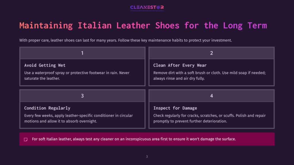 Infographic Titled &Quot;Maintaining Italian Leather Shoes For The Long Term&Quot; With Tips On Avoiding Wetness, Cleaning, Conditioning, And Inspecting For Damage.