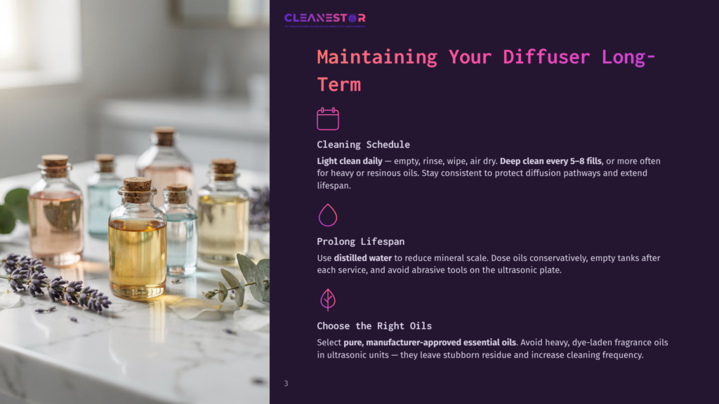 3 Maintaining Your Diffuser Long Term A Close-Up Of Essential Oils In Glass Bottles With Wooden Stoppers, Placed Next To Dried Lavender Sprigs On A Marble Surface. Text Overlay Reads &Quot;Cleanestor Maintaining Your Diffuser Long-Term.