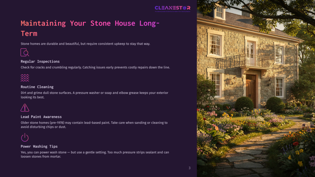 3 Maintaining Your Stone House Long Term A Charming Stone House With A Lush Garden And A Paved Walkway. The Text &Quot;Cleanestor&Quot; Is Visible At The Top.