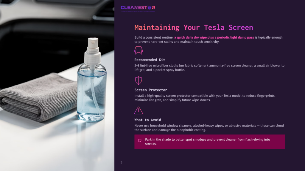 3 Maintaining Your Tesla Screen A Bottle Of Tesla Screen Cleaner Spray And A Microfiber Cloth Sit On A White Surface, Next To A Car'S Interior Dashboard. Text Overlay Reads &Quot;Cleanestor Maintaining Your Tesla Screen&Quot;.