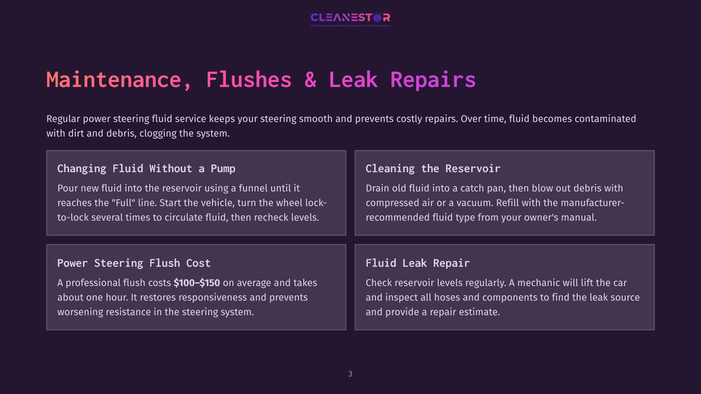 3 Maintenance Flushes And Leak Repairs Cleanestor Logo Above &Quot;Maintenance, Flushes &Amp; Leak Repairs&Quot; Title With Sections On Changing Fluid, Cleaning Reservoir, Power Steering Flush Cost, And Fluid Leak Repair.
