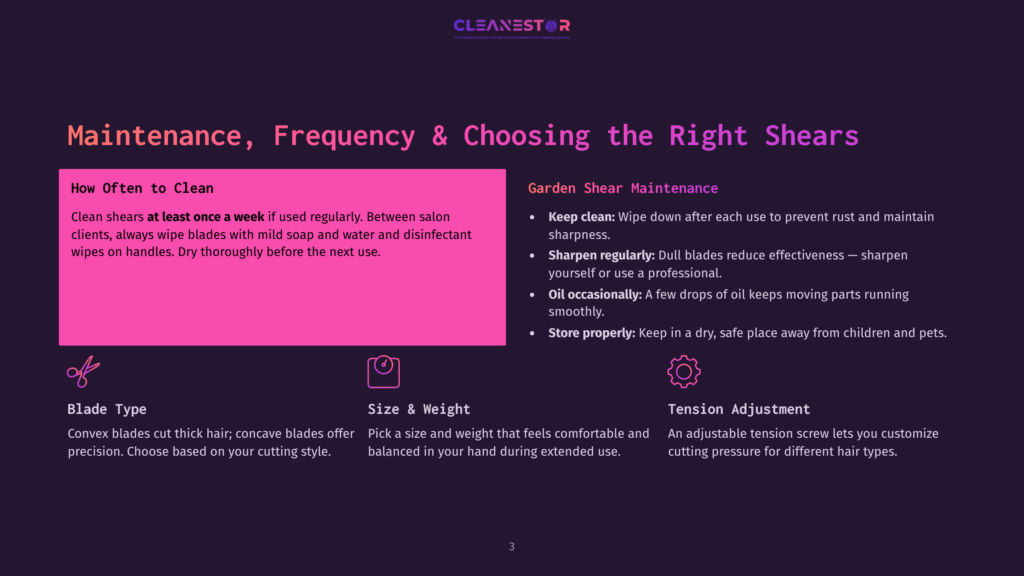 Cleanestor Logo With &Quot;Maintenance, Frequency &Amp; Choosing The Right Shears&Quot; Title. Sections On Cleaning, Blade Type, Size &Amp; Weight, And Tension Adjustment With Icons.