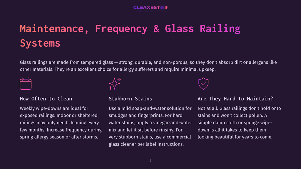 Infographic Detailing Glass Railing Maintenance: How Often To Clean With A Calendar Icon, Stubborn Stains With A Sparkle Icon, And Ease Of Maintenance With A Shield Icon. Text Highlights Cleaning Frequency And Methods.