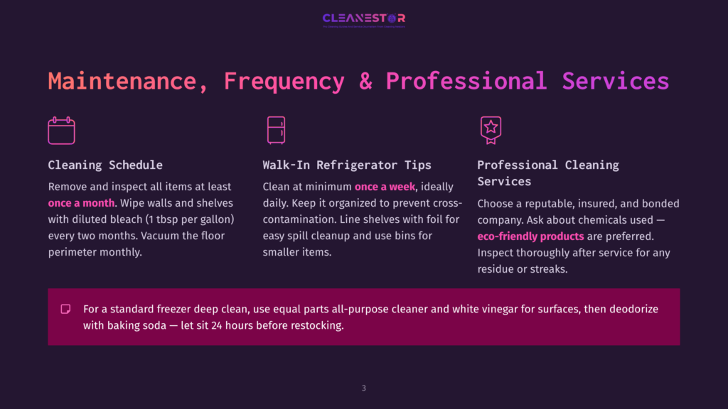 Infographic Slide On Refrigerator Maintenance: Cleaning Schedule (Monthly), Walk-In Refrigerator Tips (Daily Cleaning), And Professional Cleaning Services (Eco-Friendly Products). Features Icons For Each Section.