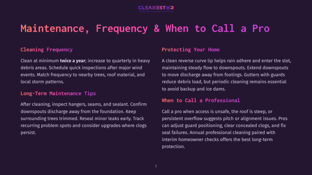 Cleanestor Logo With Text &Quot;Maintenance, Frequency &Amp; When To Call A Pro&Quot; In Purple And Pink. Sections Detail Cleaning Frequency And Protecting Your Home.