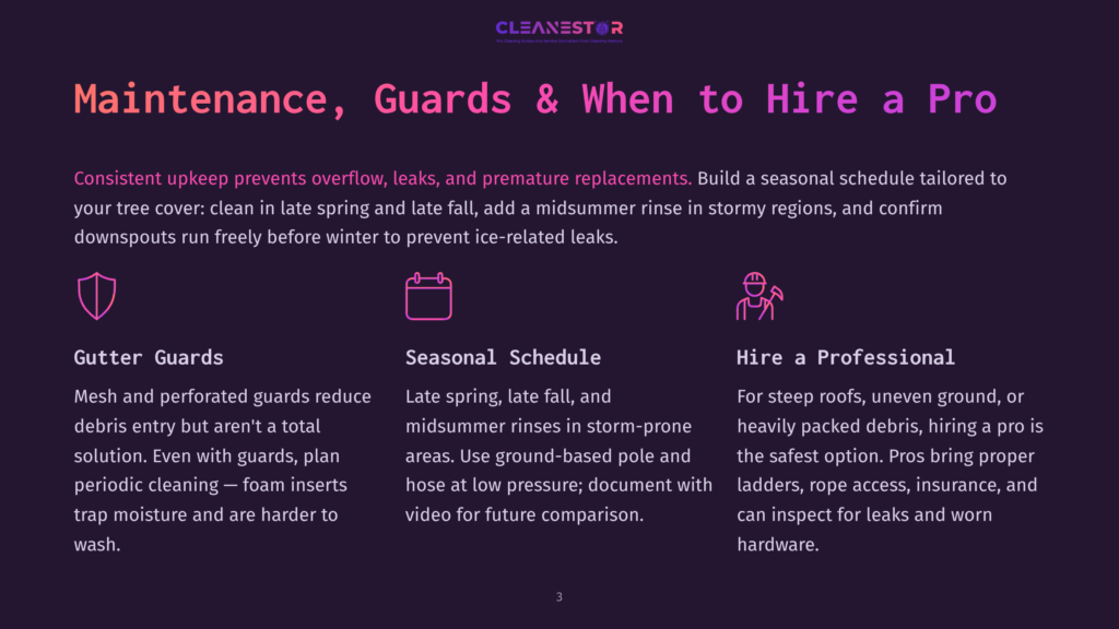 Illustration Of Gutter Guards, A Seasonal Schedule Icon, And A Person With A Tool, With Text About Maintenance, Guards, And Hiring A Pro.