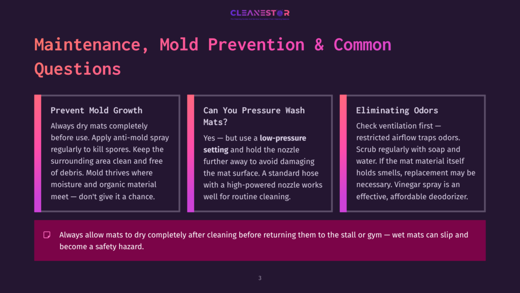 3 Maintenance Mold Prevention And Common Questions A Dark Purple Slide With The Title &Quot;Maintenance, Mold Prevention &Amp; Common Questions&Quot; And Three Distinct Sections: &Quot;Prevent Mold Growth,&Quot; &Quot;Can You Pressure Wash Mats?&Quot;, And &Quot;Eliminating Odors.