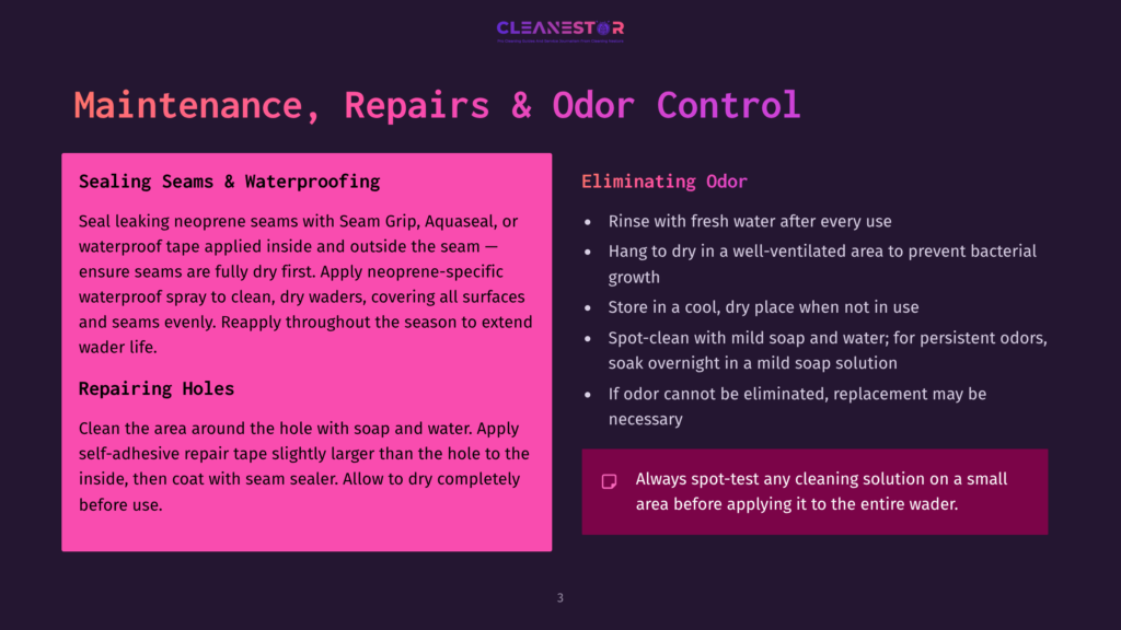 Page With Text On &Quot;Maintenance, Repairs &Amp; Odor Control&Quot; For Waders. Sections Include &Quot;Sealing Seams &Amp; Waterproofing&Quot; And &Quot;Eliminating Odor&Quot; With Bullet Points Detailing Steps.