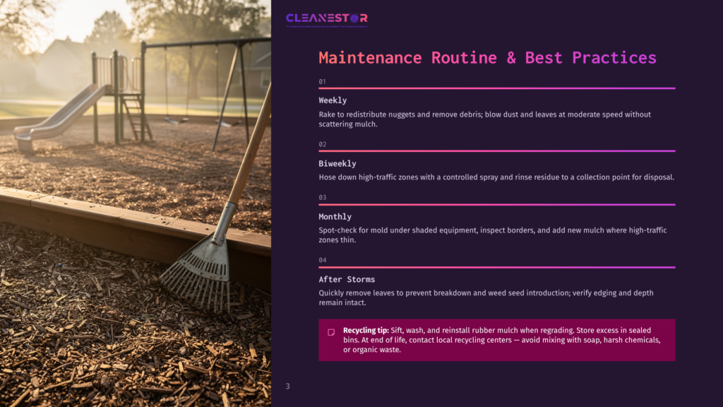 3 Maintenance Routine And Best Practices A Rake Rests In Wood Mulch In A Sunny Playground With A Slide And Swings In The Background. Text Overlays Read &Quot;Cleanestor&Quot; And &Quot;Maintenance Routine &Amp; Best Practices&Quot;.