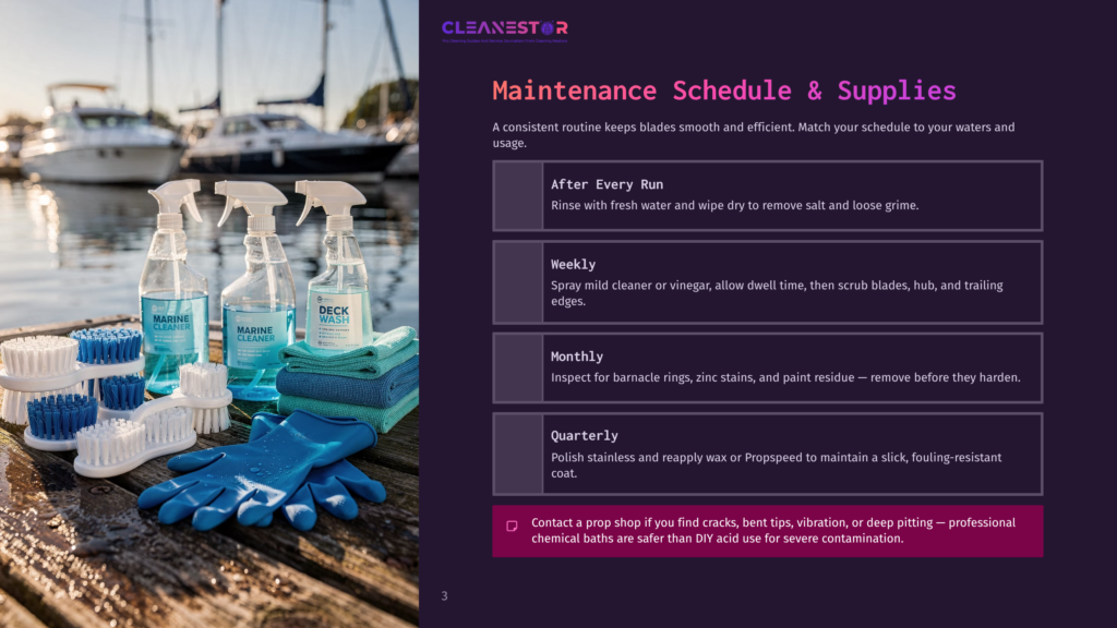 3 Maintenance Schedule And Supplies Marine Cleaning Supplies, Including Spray Bottles For Deck Wash And Marine Cleaner, Blue Gloves, And Brushes, Sit On A Wooden Dock With Boats In The Background.