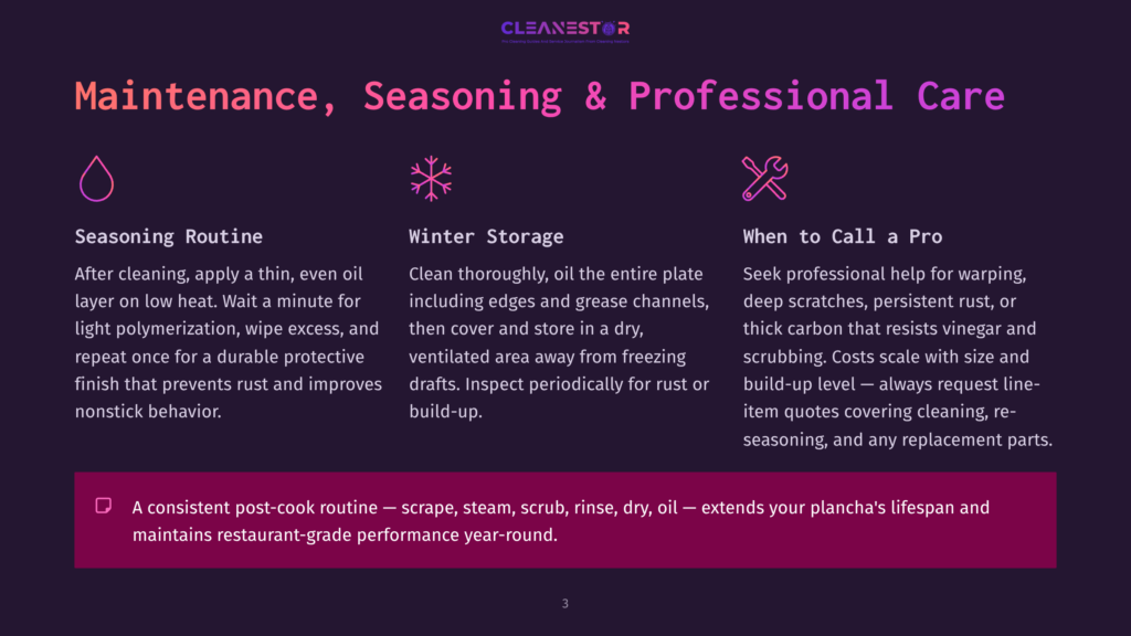 Dark Purple Background With Text &Quot;Maintenance, Seasoning &Amp; Professional Care&Quot; And Icons For Seasoning, Winter Storage, And Calling A Pro. Below, Tips For Seasoning Routine And Winter Storage For A Plancha.