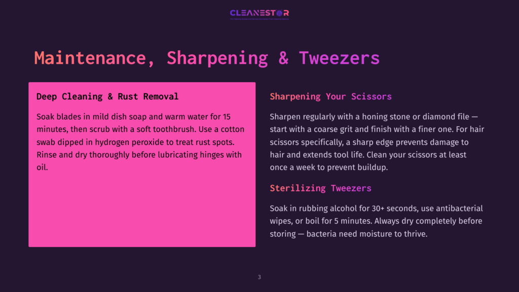 3 Maintenance Sharpening And Tweezers Dark Purple Background With A Pink Rectangle On The Left Containing Text About &Quot;Deep Cleaning &Amp; Rust Removal&Quot; For Blades. On The Right, Text Discusses &Quot;Sharpening Your Scissors&Quot; And &Quot;Sterilizing Tweezers.