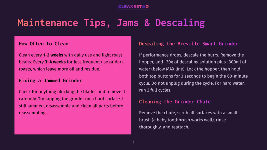 3 Maintenance Tips Jams And Descaling A Dark Purple Slide With The Title &Quot;Maintenance Tips, Jams &Amp; Descaling&Quot; And Two Columns Of Text. The Left Column, In A Pink Box, Details How Often To Clean And How To Fix A Jammed Grinder. The Right Column, In Dark Text, Explains How To Descale A Breville Smart Grinder And Clean The Chute.