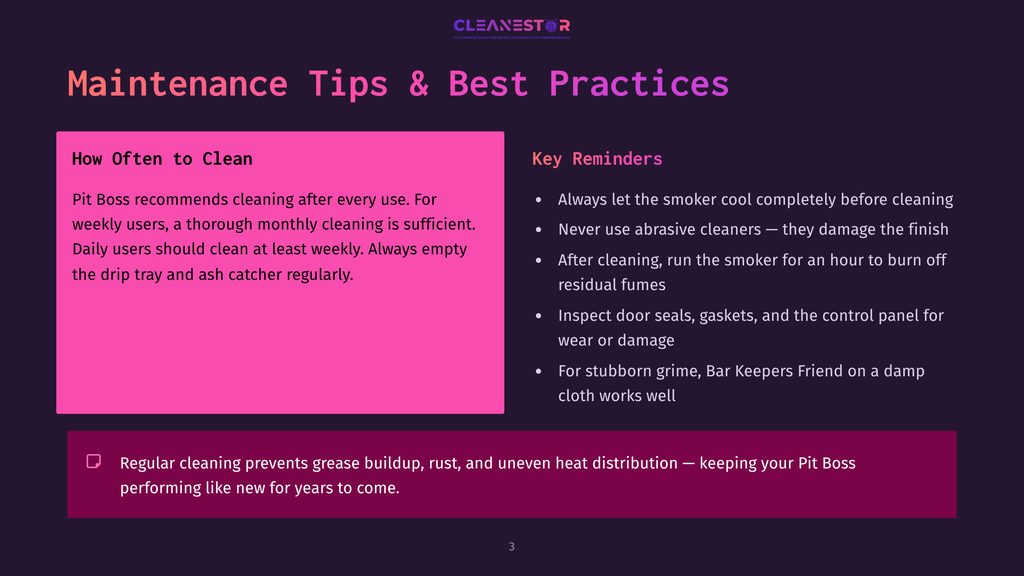3 Maintenance Tips And Best Practices 2 Presentation Slide Titled &Quot;Maintenance Tips &Amp; Best Practices&Quot; With Sections On &Quot;How Often To Clean&Quot; And &Quot;Key Reminders,&Quot; Featuring Bulleted Cleaning Advice For Pit Bosses.