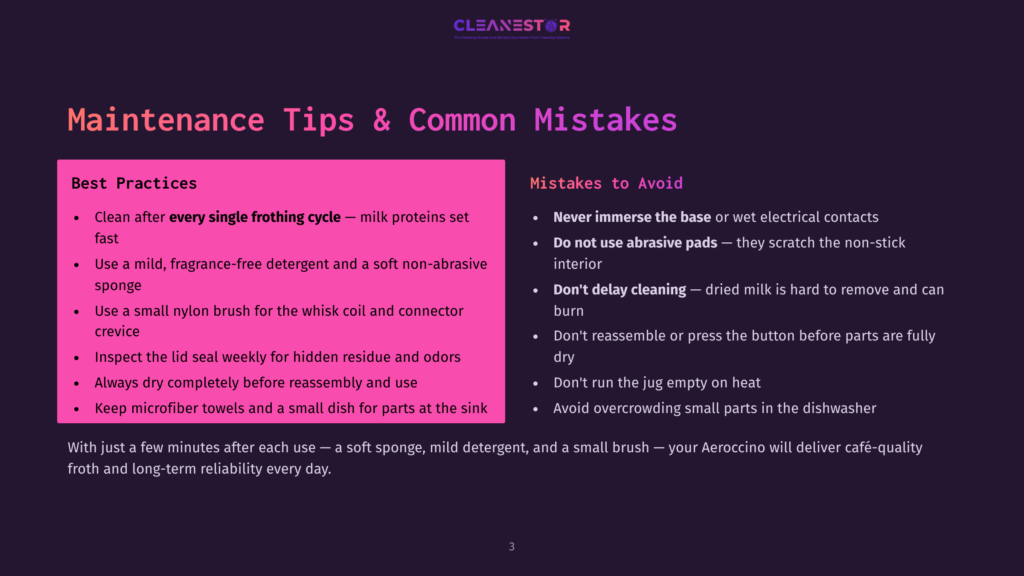 Infographic Titled &Quot;Maintenance Tips &Amp; Common Mistakes&Quot; For A Frother, Detailing Best Practices Like Cleaning After Every Frothing Cycle And Avoiding Abrasive Pads, With Text In English On A Dark Background.