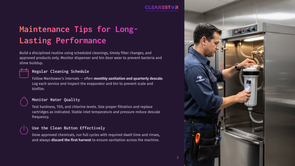 A Maintenance Technician In A Blue Uniform With A &Quot;Cleanstar&Quot; Logo Inspects A Water Filter On A Large Stainless Steel Commercial Cleaning Machine, With A Focus On Cleaning Machine Maintenance Tips.