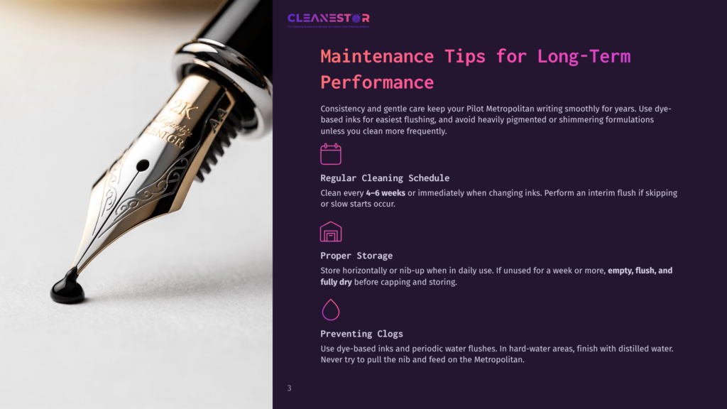 Close-Up Of A Gold Fountain Pen Nib With Intricate Engraving, Resting On A Dark Purple Background. Text Reads &Quot;Cleanestor Maintenance Tips For Long-Term Performance&Quot;.