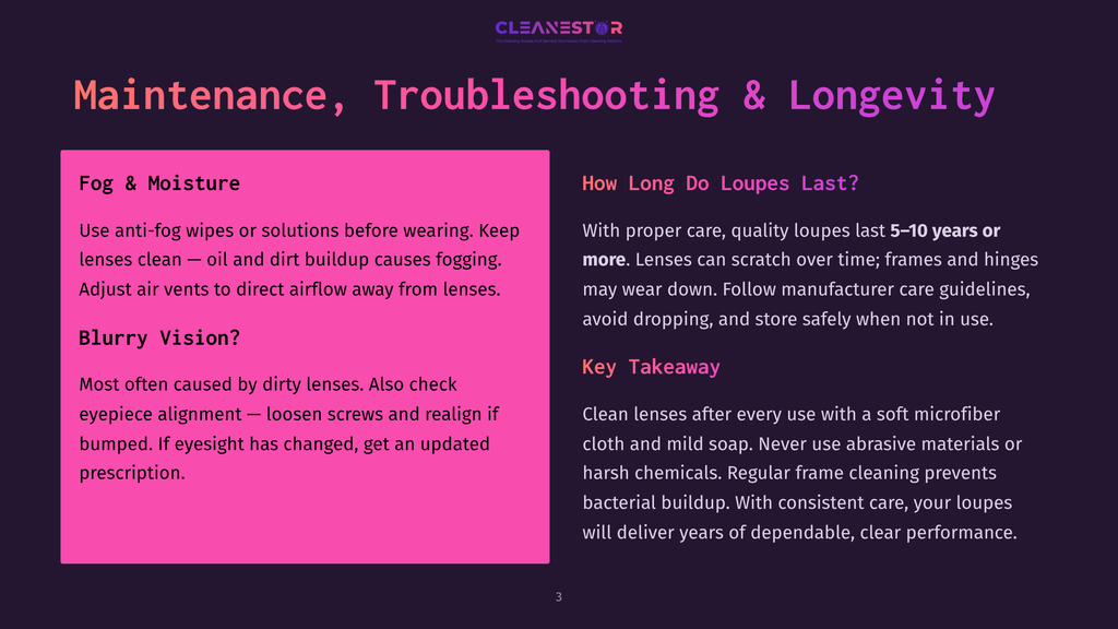 A Dark Purple Slide With The Title &Quot;Maintenance, Troubleshooting &Amp; Longevity&Quot; In White Text. The Slide Is Divided Into Two Columns: A Pink Column On The Left Titled &Quot;Fog &Amp; Moisture&Quot; And &Quot;Blurry Vision?&Quot; And A White Column On The Right Titled &Quot;How Long Do Loupes Last?&Quot;.
