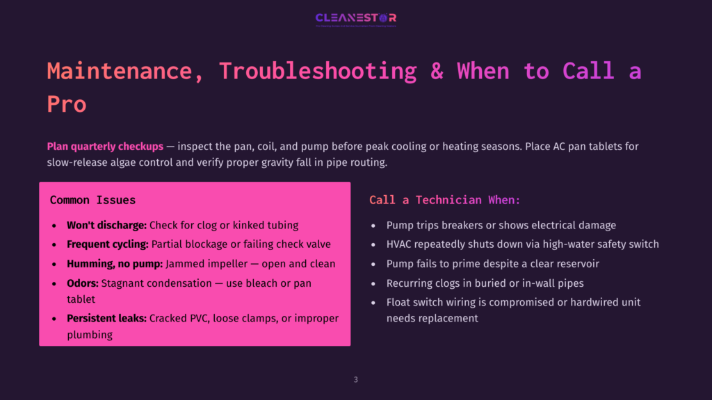 A Dark Purple Slide Titled &Quot;Maintenance, Troubleshooting &Amp; When To Call A Pro&Quot; With A Cleanestor Logo At The Top. It Lists Common Issues Like &Quot;Won'T Discharge&Quot; And &Quot;Odors&Quot; On The Left, And &Quot;Call A Technician When:&Quot; With Issues Like &Quot;Pump Stops Breakers&Quot; On The Right.