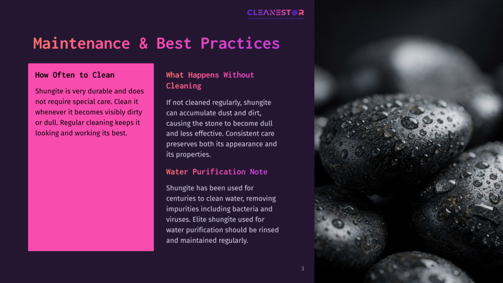 3 Maintenance And Best Practices Close-Up Of Wet, Smooth Black Shungite Stones With Water Droplets, Showcasing Their Natural Texture And Dark, Reflective Surface.