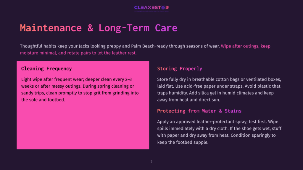 A Dark Purple Background With A White And Pink Cleanestor Logo At The Top. The Text &Quot;Maintenance &Amp; Long-Term Care&Quot; Is Displayed In Large, Bold White Letters. Below This, Two Columns Of Text Provide Advice On Shoe Care: &Quot;Cleaning Frequency&Quot; And &Quot;Storing Properly,&Quot; Along With &Quot;Protecting From Water &Amp; Stains.