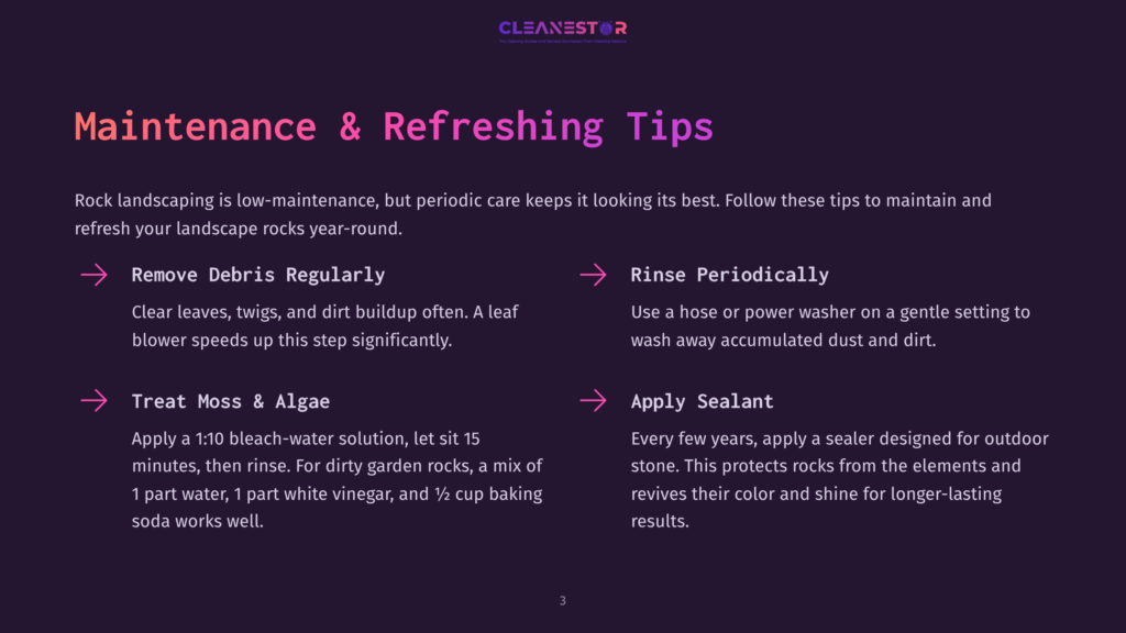 3 Maintenance And Refreshing Tips Graphic With &Quot;Cleanestor&Quot; Logo And &Quot;Maintenance &Amp; Refreshing Tips&Quot; Title. Sections Include &Quot;Remove Debris Regularly,&Quot; &Quot;Rinse Periodically,&Quot; &Quot;Treat Moss &Amp; Algae,&Quot; And &Quot;Apply Sealant,&Quot; With Brief Descriptions For Each.