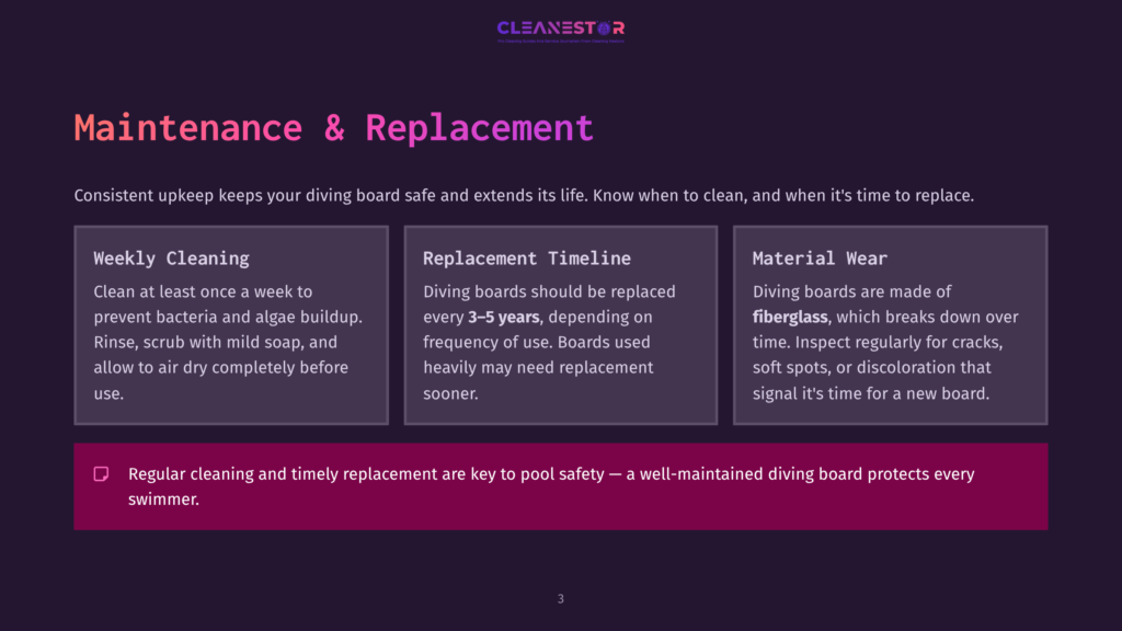 Diving Board Maintenance And Replacement Guide: Weekly Cleaning, Replacement Timeline Every 3-5 Years, And Material Wear, Emphasizing Safety.