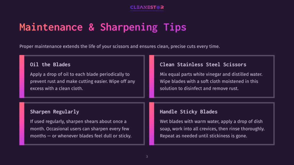 3 Maintenance And Sharpening Tips Cleanestor Logo With The Text &Quot;Maintenance &Amp; Sharpening Tips&Quot; And Four Boxes Detailing How To Oil Blades, Clean Scissors, Sharpen Regularly, And Handle Sticky Blades.