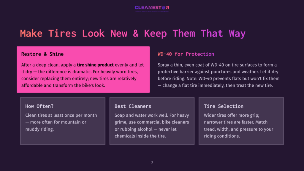 Dark Purple Background With &Quot;Cleanestor&Quot; Logo At The Top. Text Boxes Detail How To Restore And Shine Tires, Protect Them With Wd-40, And Offer Tips On Tire Maintenance And Selection.
