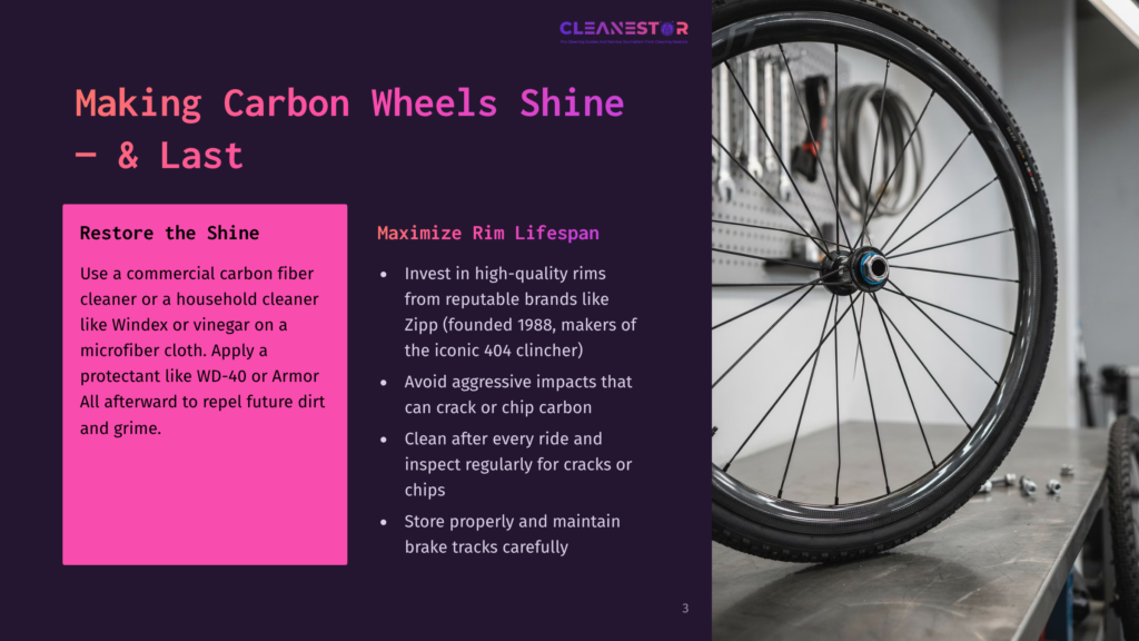 Close-Up Of A Shiny, Black Carbon Fiber Bicycle Wheel With A Silver Rim And Spokes, Mounted On A Wall In A Workshop. Text Overlay Reads &Quot;Cleanestor&Quot; And &Quot;Making Carbon Wheels Shine - &Amp; Last&Quot;.