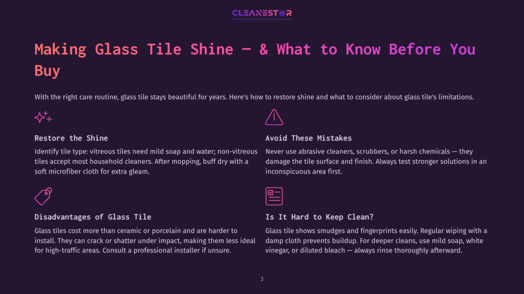 Purple Background With &Quot;Cleanestor&Quot; Logo At The Top. Main Text Reads &Quot;Making Glass Tile Shine &Amp; What To Know Before You Buy&Quot;. Sections Include &Quot;Restore The Shine&Quot;, &Quot;Avoid These Mistakes&Quot;, &Quot;Disadvantages Of Glass Tile&Quot;, And &Quot;Is It Hard To Keep Clean?&Quot;.